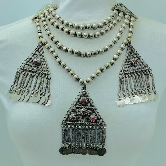 Beaded Layered Necklace, Silver Gypsy Vintage Necklace With Three Dangling - Picture 7 of 14